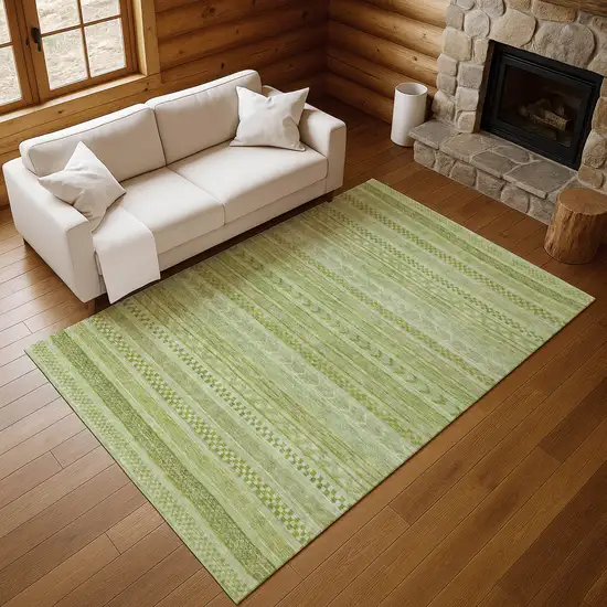 Artichoke Green And Sage Striped Washable Area Rug With UV Protection Photo 5