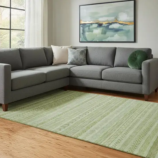 Artichoke Green And Sage Striped Washable Area Rug With UV Protection Photo 2