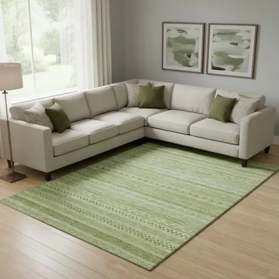 Artichoke Green And Sage Striped Washable Area Rug With UV Protection Photo 2