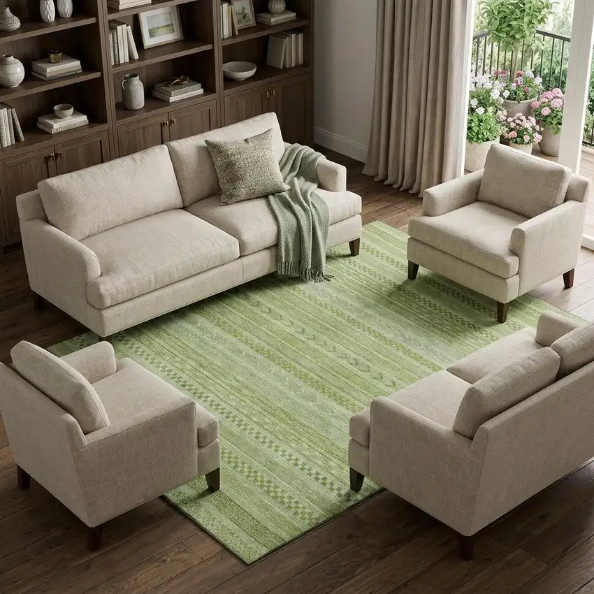 Artichoke Green And Sage Striped Washable Area Rug With UV Protection Photo 1
