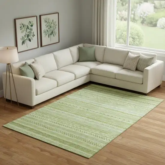 Artichoke Green And Sage Striped Washable Area Rug With UV Protection Photo 2