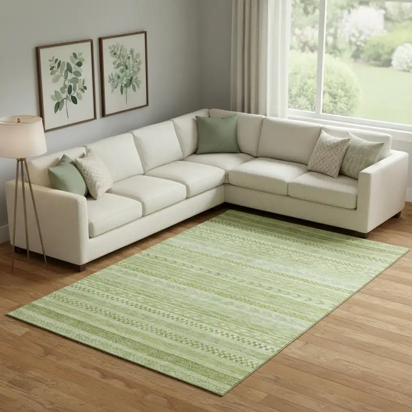 Artichoke Green And Sage Striped Washable Area Rug With UV Protection Photo 2