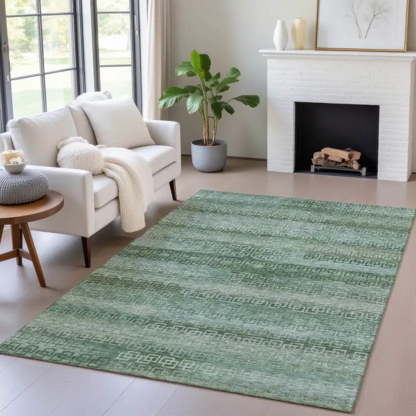 Artichoke Green And Sage Striped Washable Indoor Outdoor Area Rug Photo 7