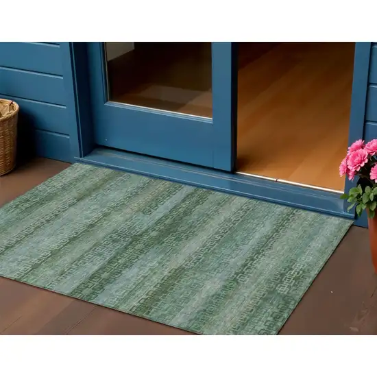 Artichoke Green And Sage Striped Washable Indoor Outdoor Area Rug Photo 3