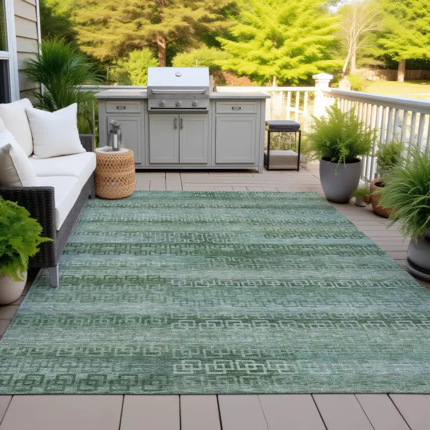 Artichoke Green And Sage Striped Washable Indoor Outdoor Area Rug Photo 6
