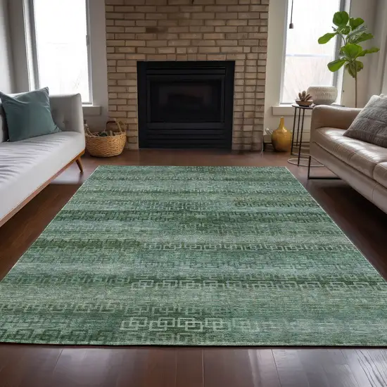 Artichoke Green And Sage Striped Washable Indoor Outdoor Area Rug Photo 6