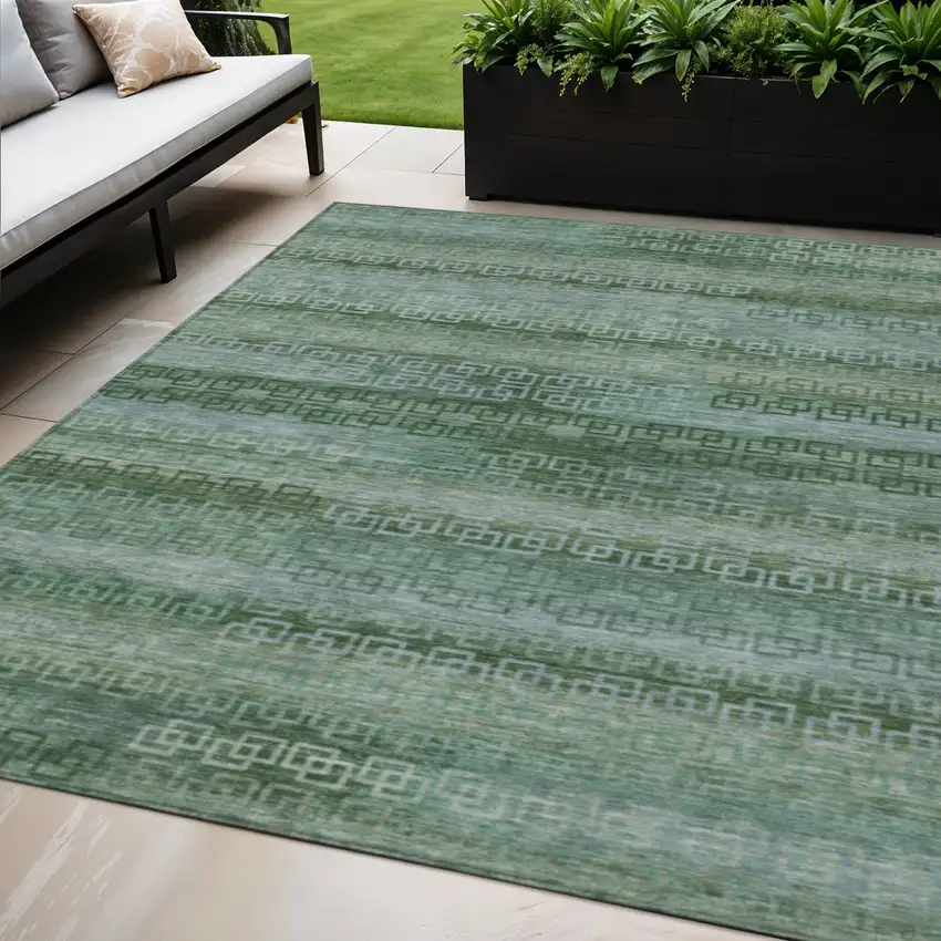 Artichoke Green And Sage Striped Washable Indoor Outdoor Area Rug Photo 2