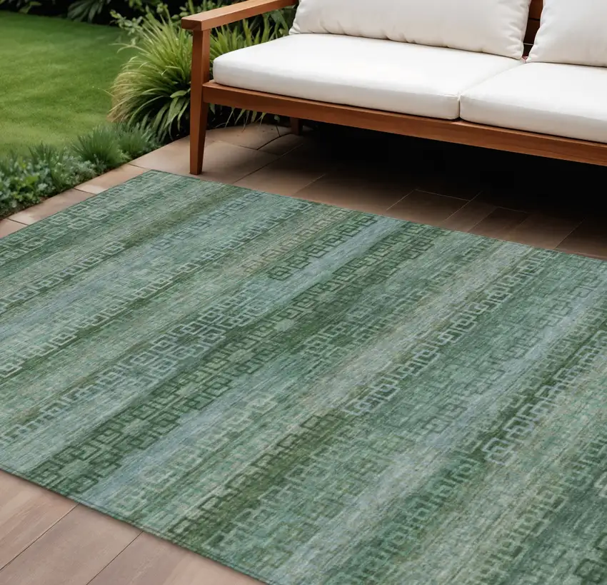 Artichoke Green And Sage Striped Washable Indoor Outdoor Area Rug Photo 2