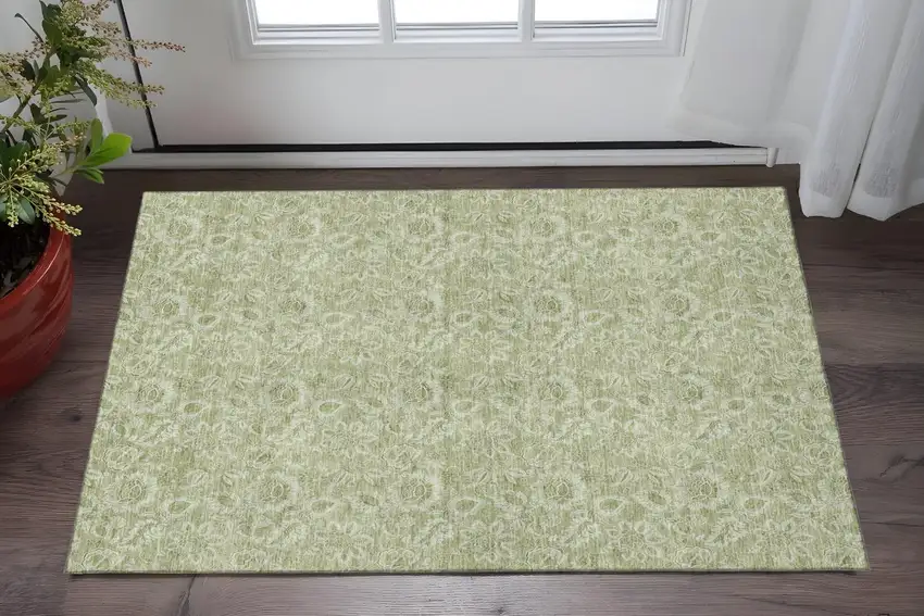 Artichoke Green And Silver Floral Washable Area Rug With UV Protection Photo 2