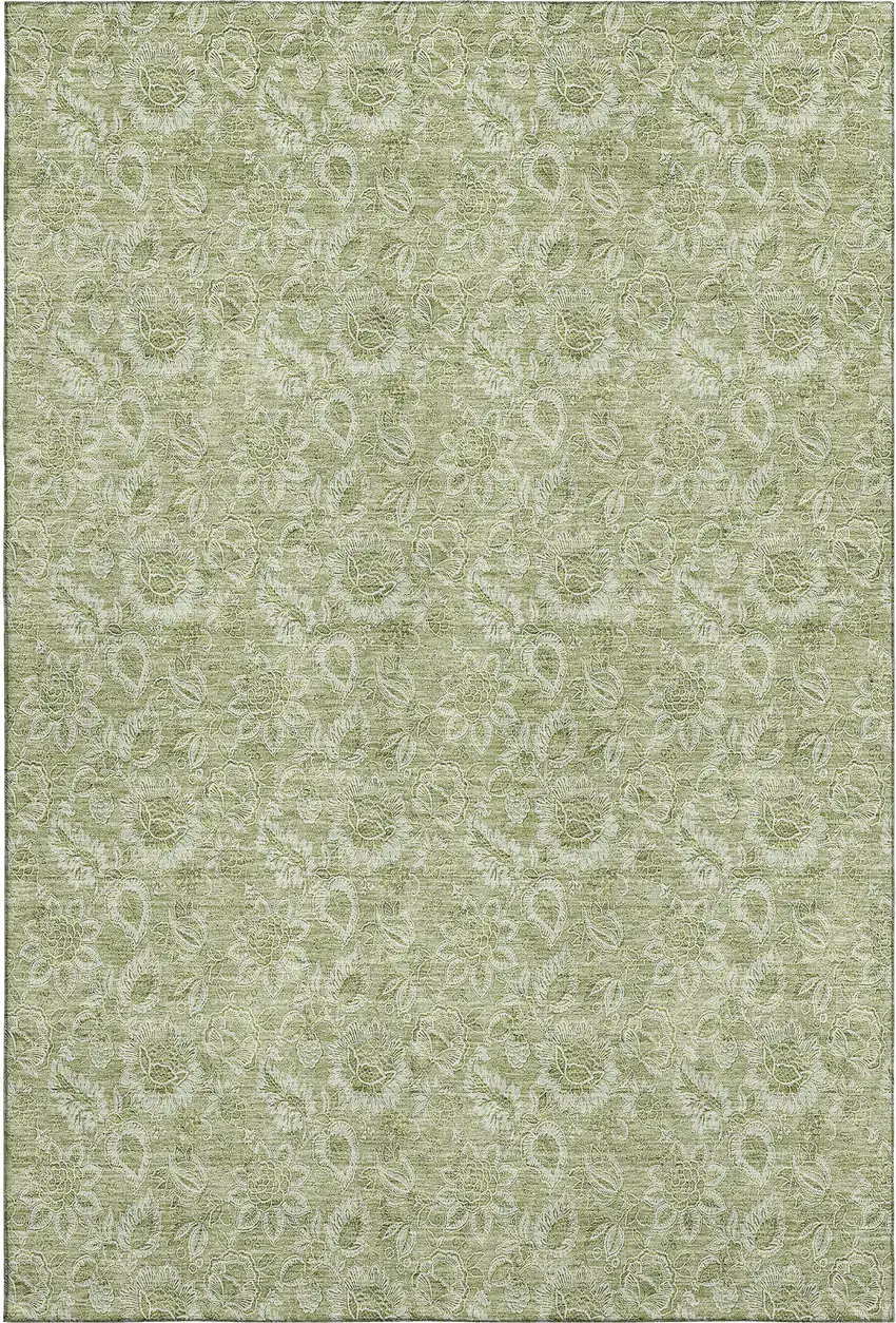 Artichoke Green And Silver Floral Washable Area Rug With UV Protection Photo 1