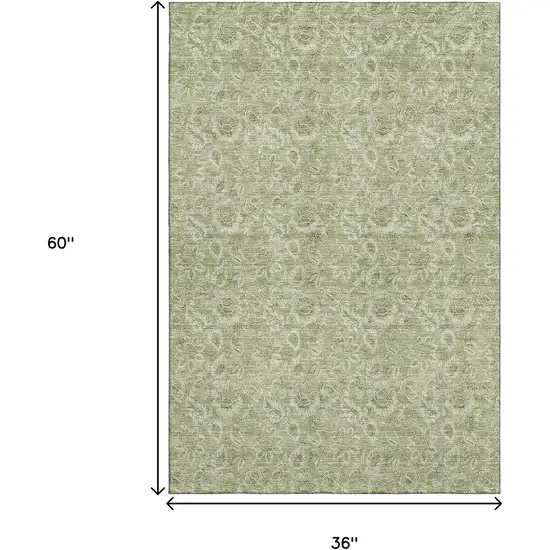Artichoke Green And Silver Floral Washable Area Rug With UV Protection Photo 5