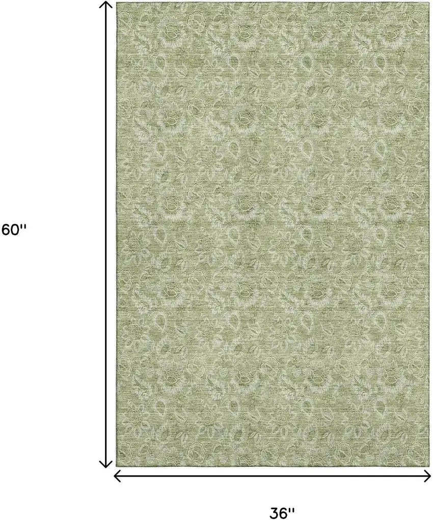 Artichoke Green And Silver Floral Washable Area Rug With UV Protection Photo 5