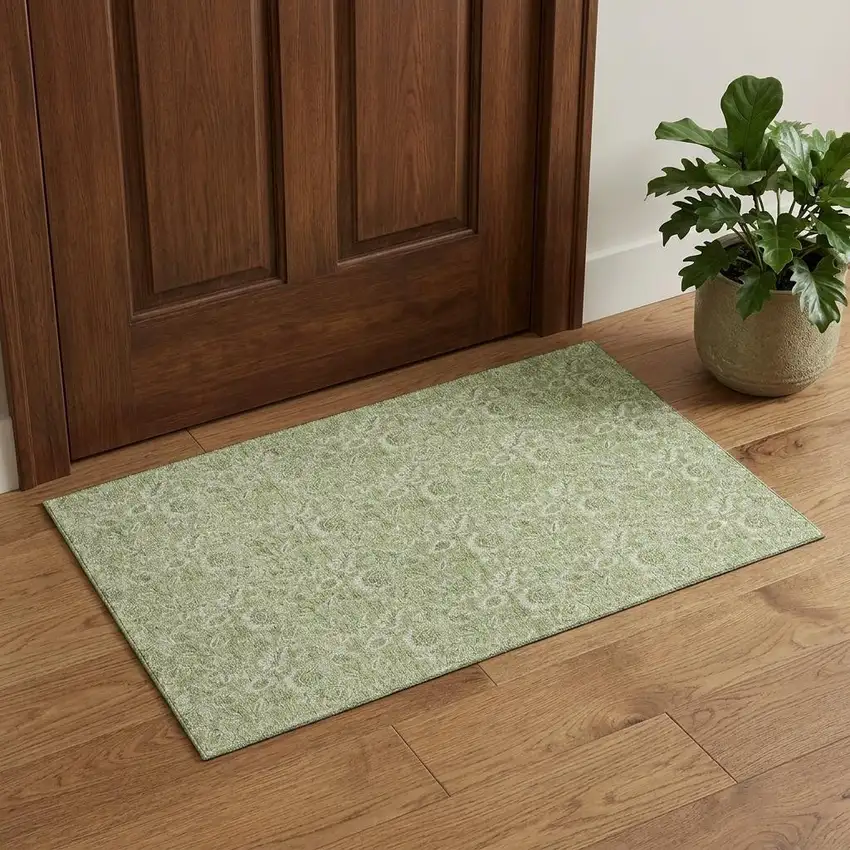 Artichoke Green And Silver Floral Washable Area Rug With UV Protection Photo 1