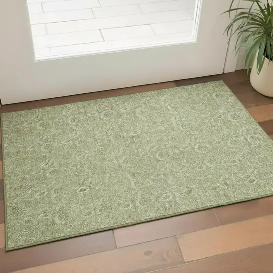 Artichoke Green And Silver Floral Washable Area Rug With UV Protection Photo 1