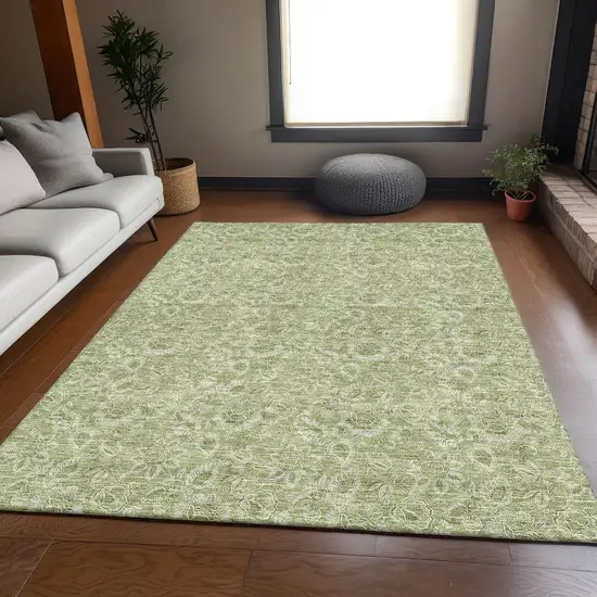 Artichoke Green And Silver Floral Washable Area Rug With UV Protection Photo 5