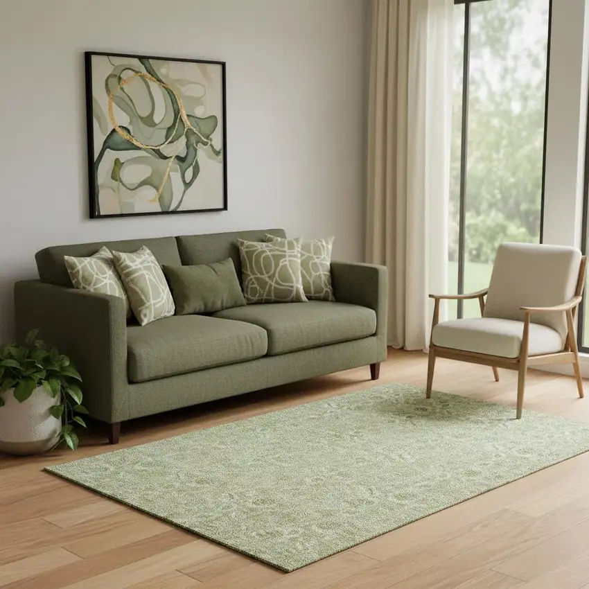 Artichoke Green And Silver Floral Washable Area Rug With UV Protection Photo 1