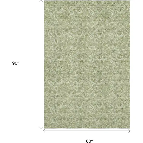 Artichoke Green And Silver Floral Washable Area Rug With UV Protection Photo 3