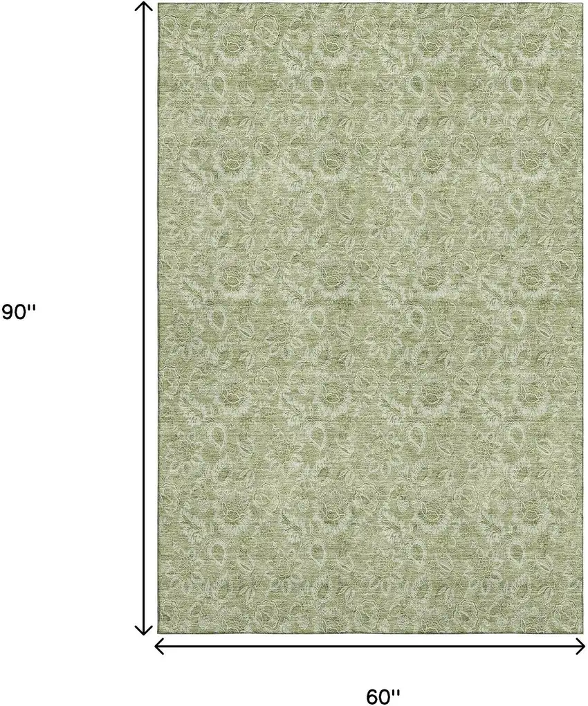 Artichoke Green And Silver Floral Washable Area Rug With UV Protection Photo 3