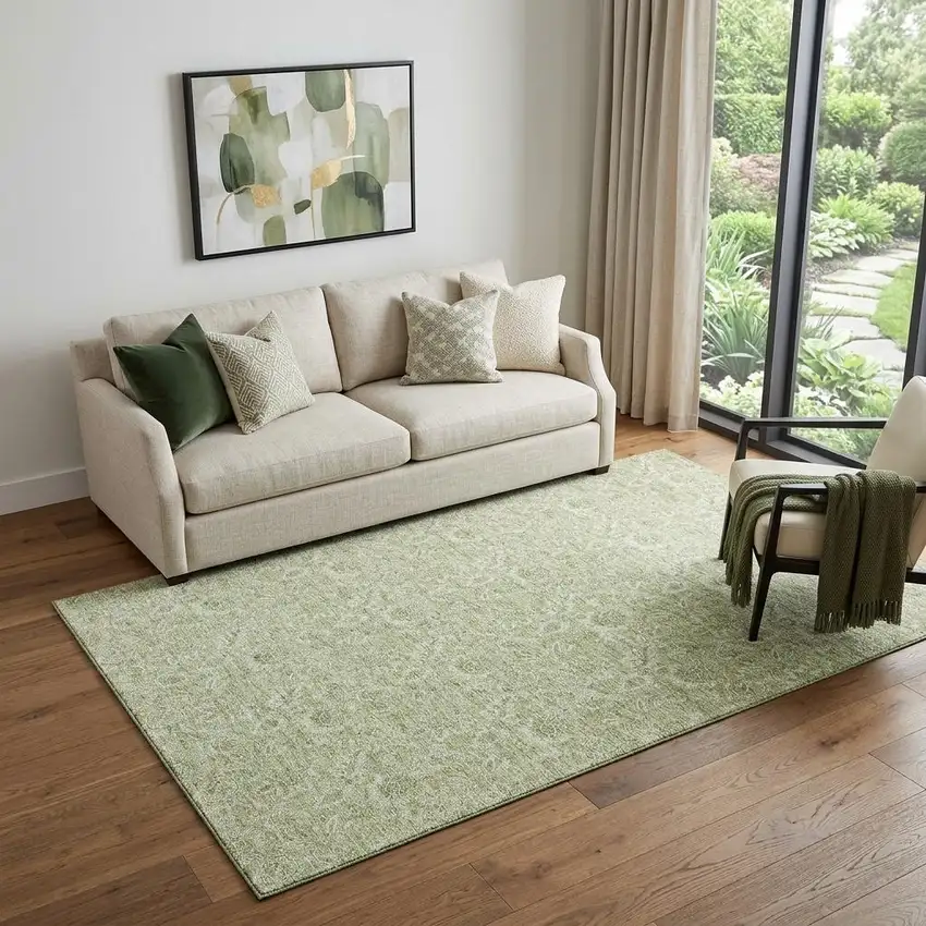 Artichoke Green And Silver Floral Washable Area Rug With UV Protection Photo 1