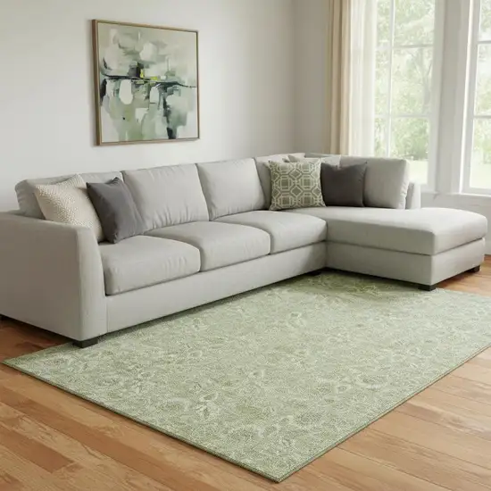 Artichoke Green And Silver Floral Washable Area Rug With UV Protection Photo 1