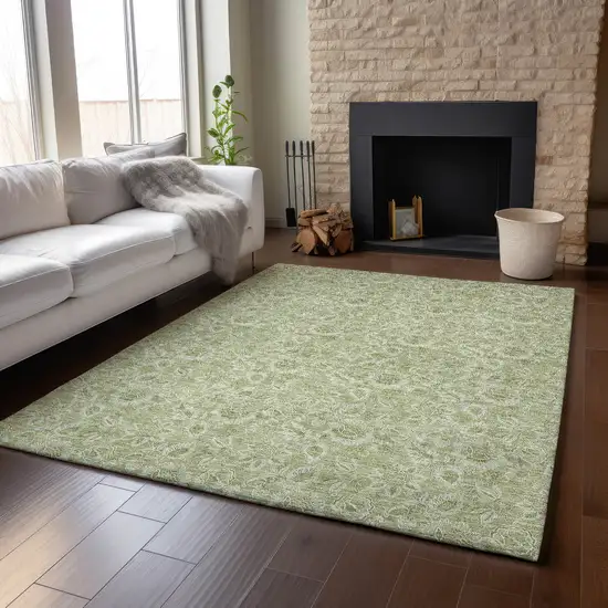 Artichoke Green And Silver Floral Washable Area Rug With UV Protection Photo 4