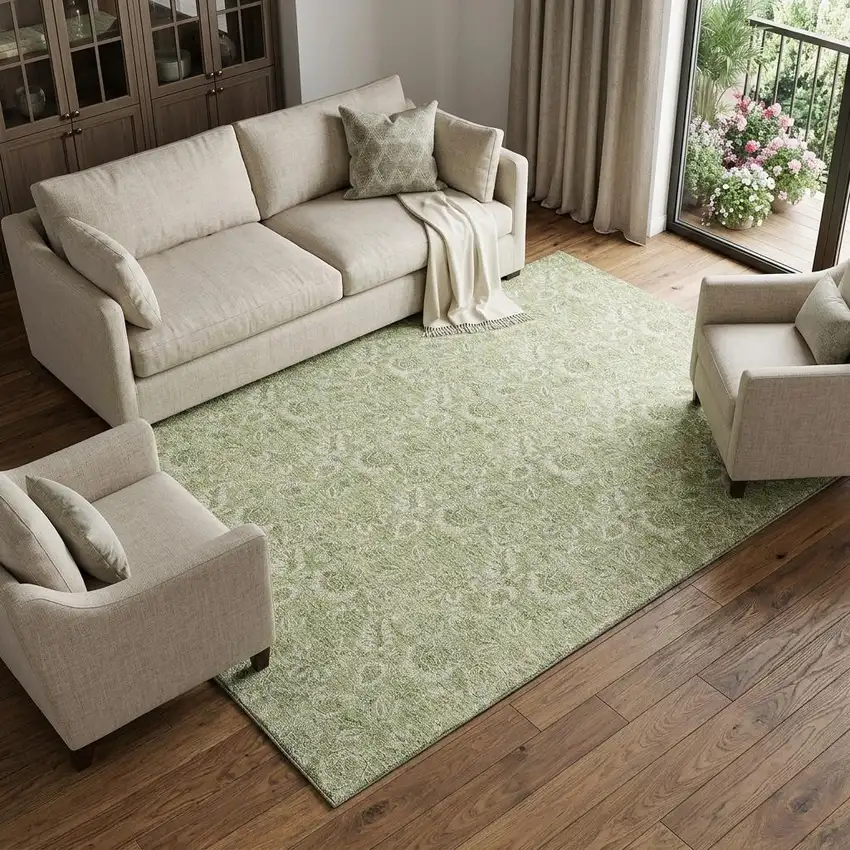 Artichoke Green And Silver Floral Washable Area Rug With UV Protection Photo 1