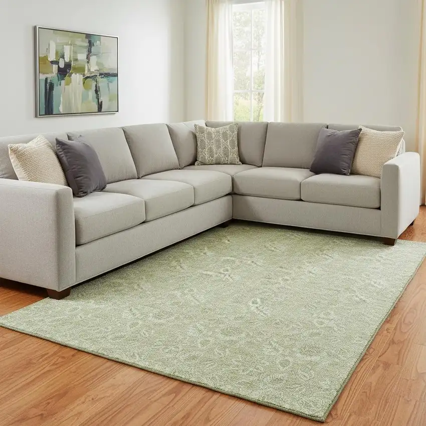 Artichoke Green And Silver Floral Washable Area Rug With UV Protection Photo 1