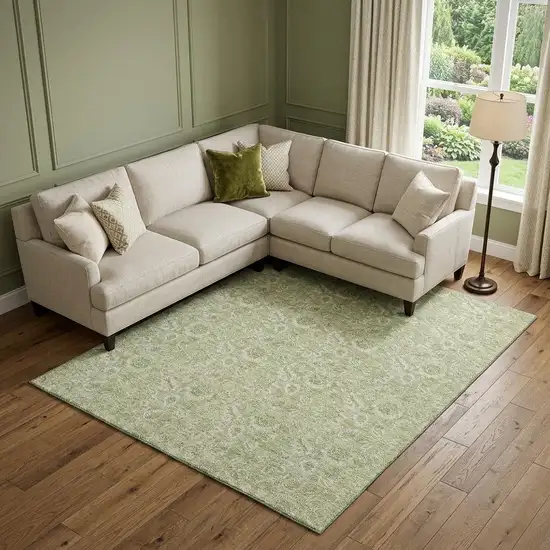 Artichoke Green And Silver Floral Washable Area Rug With UV Protection Photo 1