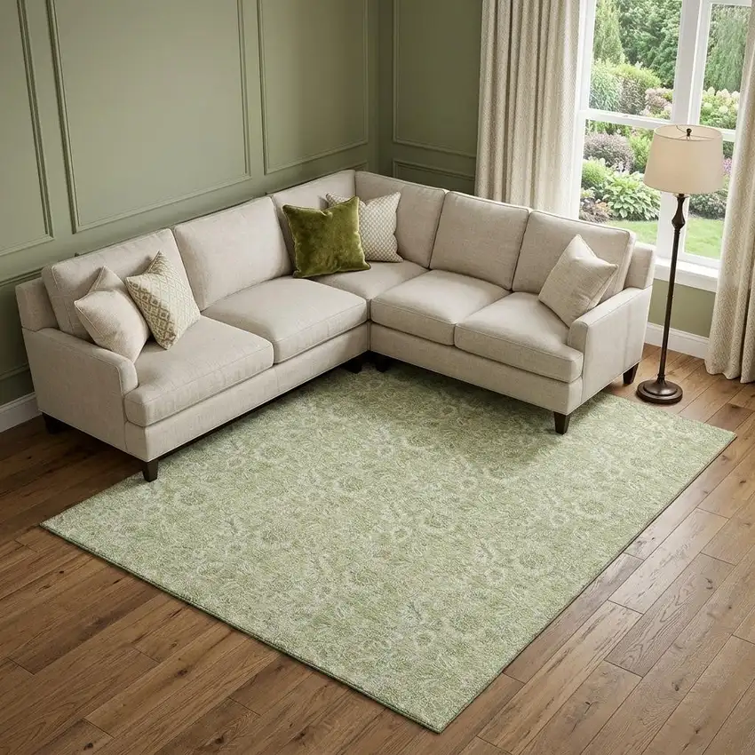 Artichoke Green And Silver Floral Washable Area Rug With UV Protection Photo 1