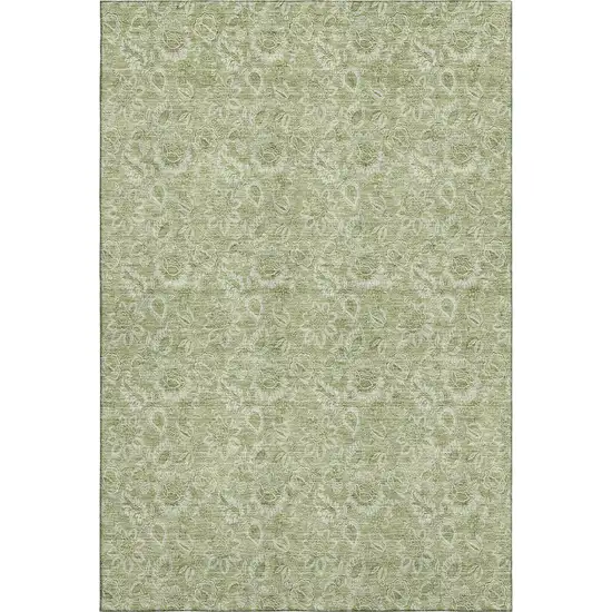 Artichoke Green And Silver Floral Washable Area Rug With UV Protection Photo 2