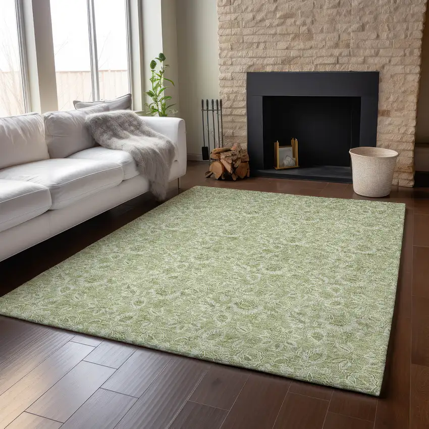 Artichoke Green And Silver Floral Washable Area Rug With UV Protection Photo 5