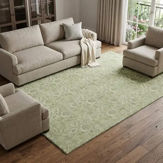Artichoke Green And Silver Floral Washable Area Rug With UV Protection Photo 1