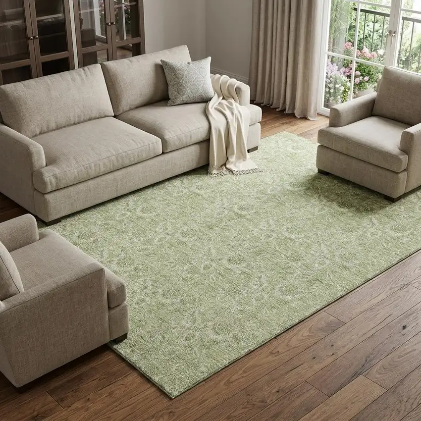 Artichoke Green And Silver Floral Washable Area Rug With UV Protection Photo 1