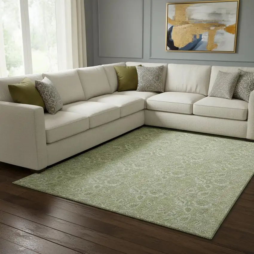 Artichoke Green And Silver Floral Washable Area Rug With UV Protection Photo 1