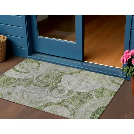 Artichoke Green And Silver Geometric Washable Indoor Outdoor Area Rug Photo 2