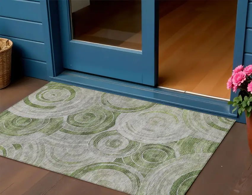 Artichoke Green And Silver Geometric Washable Indoor Outdoor Area Rug Photo 2