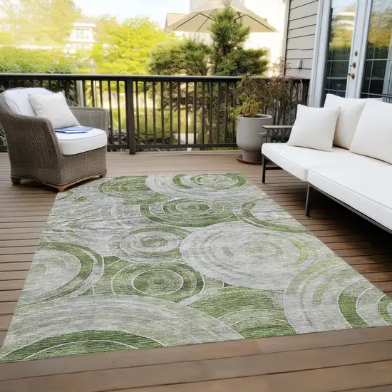 Artichoke Green And Silver Geometric Washable Indoor Outdoor Area Rug Photo 8