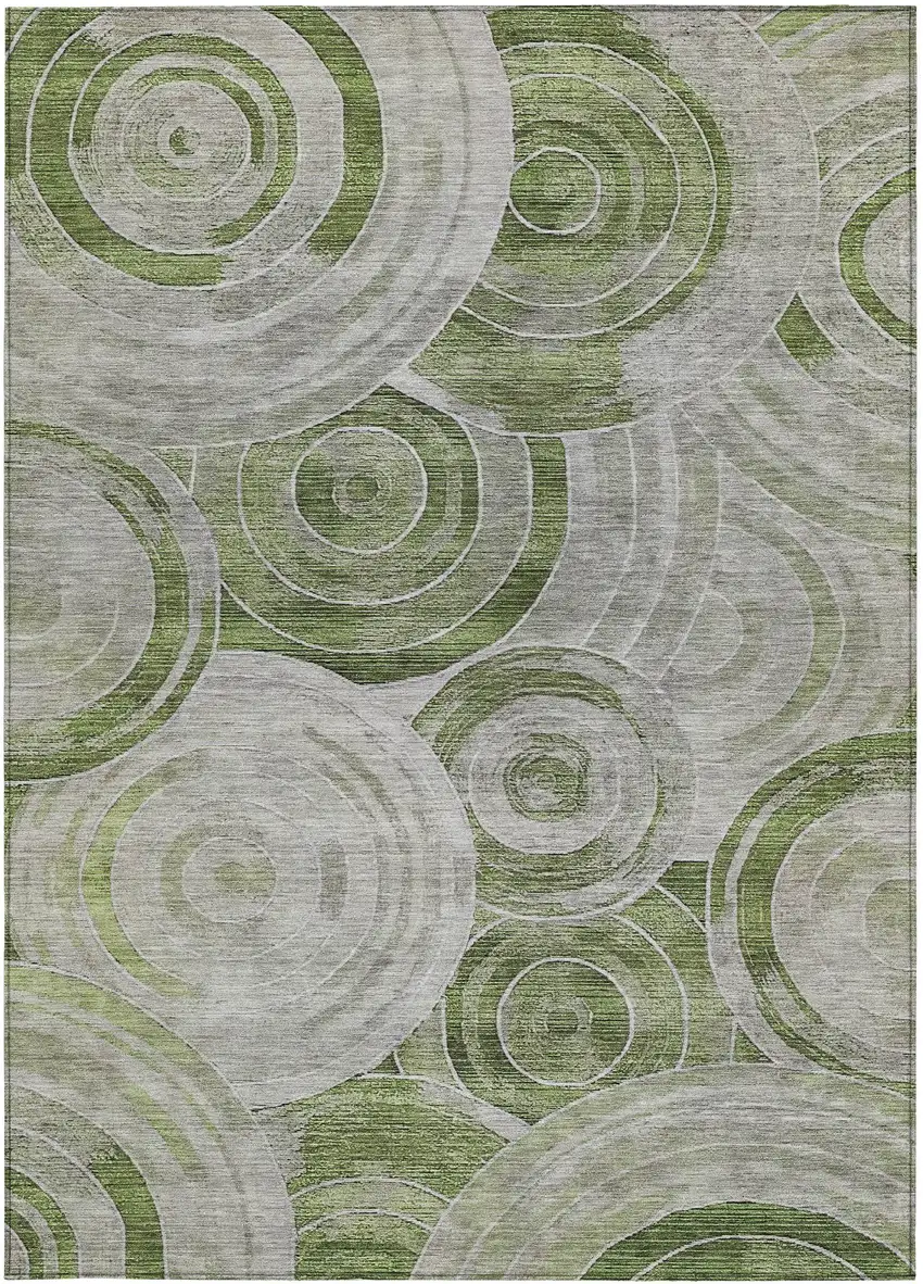 Artichoke Green And Silver Geometric Washable Indoor Outdoor Area Rug Photo 1