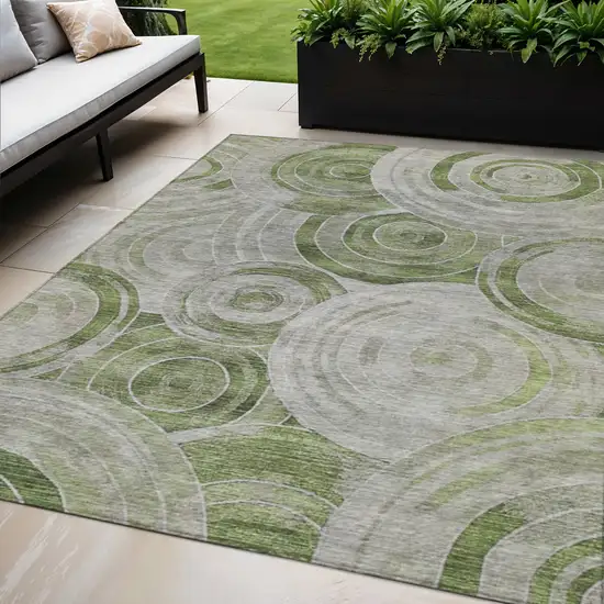 Artichoke Green And Silver Geometric Washable Indoor Outdoor Area Rug Photo 2