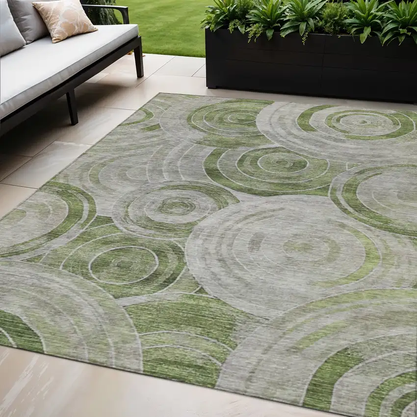 Artichoke Green And Silver Geometric Washable Indoor Outdoor Area Rug Photo 2