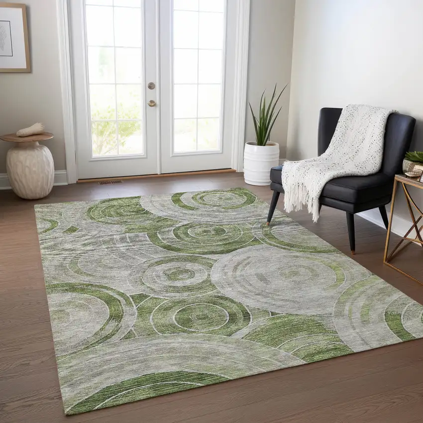 Artichoke Green And Silver Geometric Washable Indoor Outdoor Area Rug Photo 5
