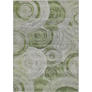 Photo of Artichoke Green And Silver Geometric Washable Indoor Outdoor Area Rug