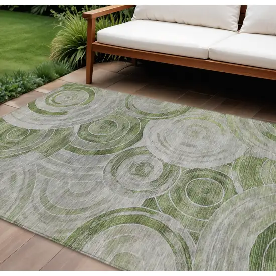 Artichoke Green And Silver Geometric Washable Indoor Outdoor Area Rug Photo 2