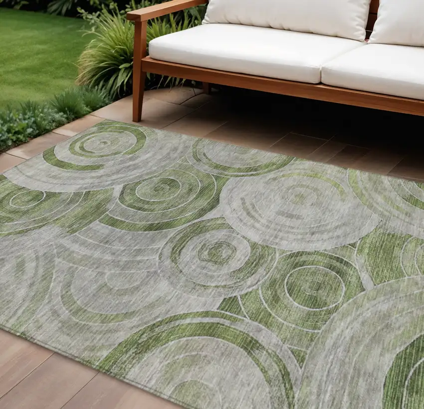 Artichoke Green And Silver Geometric Washable Indoor Outdoor Area Rug Photo 2