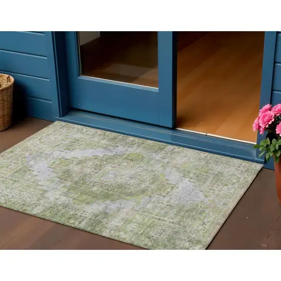 Artichoke Green And Silver Medallion Washable Indoor Outdoor Area Rug Photo 2