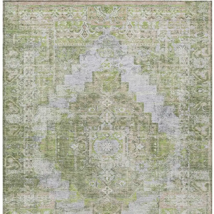Artichoke Green And Silver Medallion Washable Indoor Outdoor Area Rug Photo 3