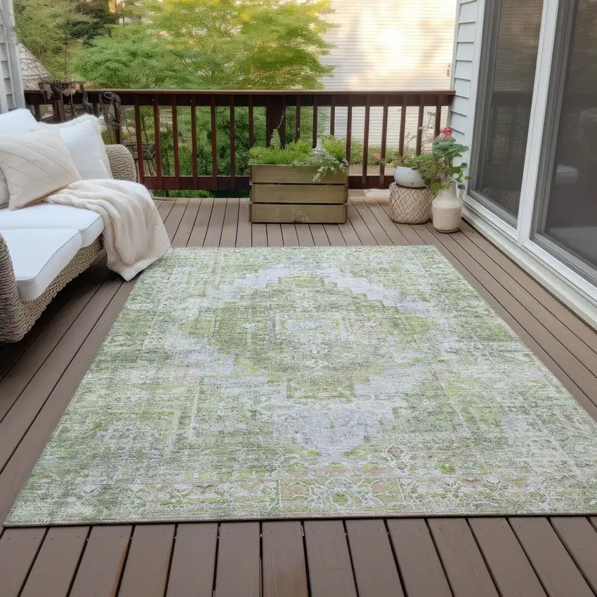 Artichoke Green And Silver Medallion Washable Indoor Outdoor Area Rug Photo 6