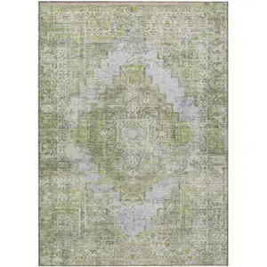 Photo of Artichoke Green And Silver Medallion Washable Indoor Outdoor Area Rug