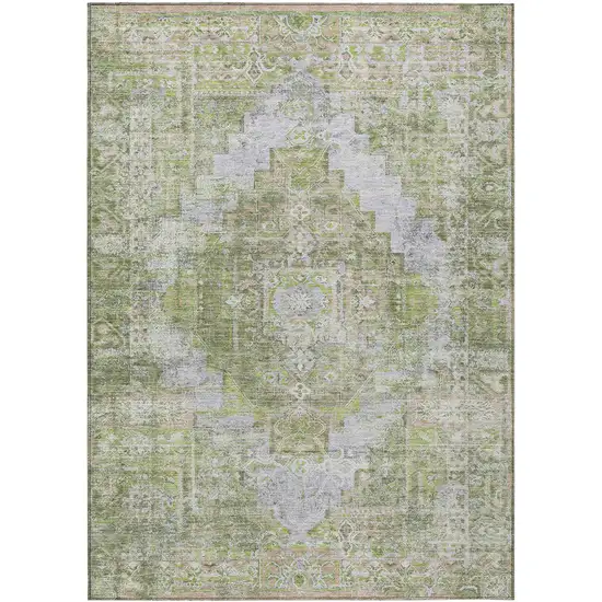 Artichoke Green And Silver Medallion Washable Indoor Outdoor Area Rug Photo 1