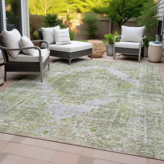 Artichoke Green And Silver Medallion Washable Indoor Outdoor Area Rug Photo 9